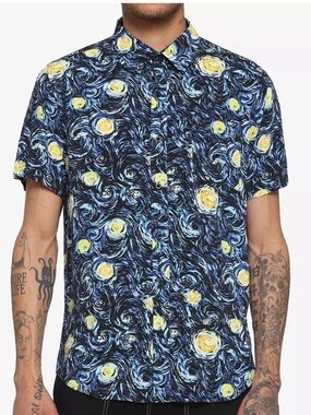 Hot Topic Men's Starry Swirl Short-Sleeve Button-Down Shirt - Navy & Yellow